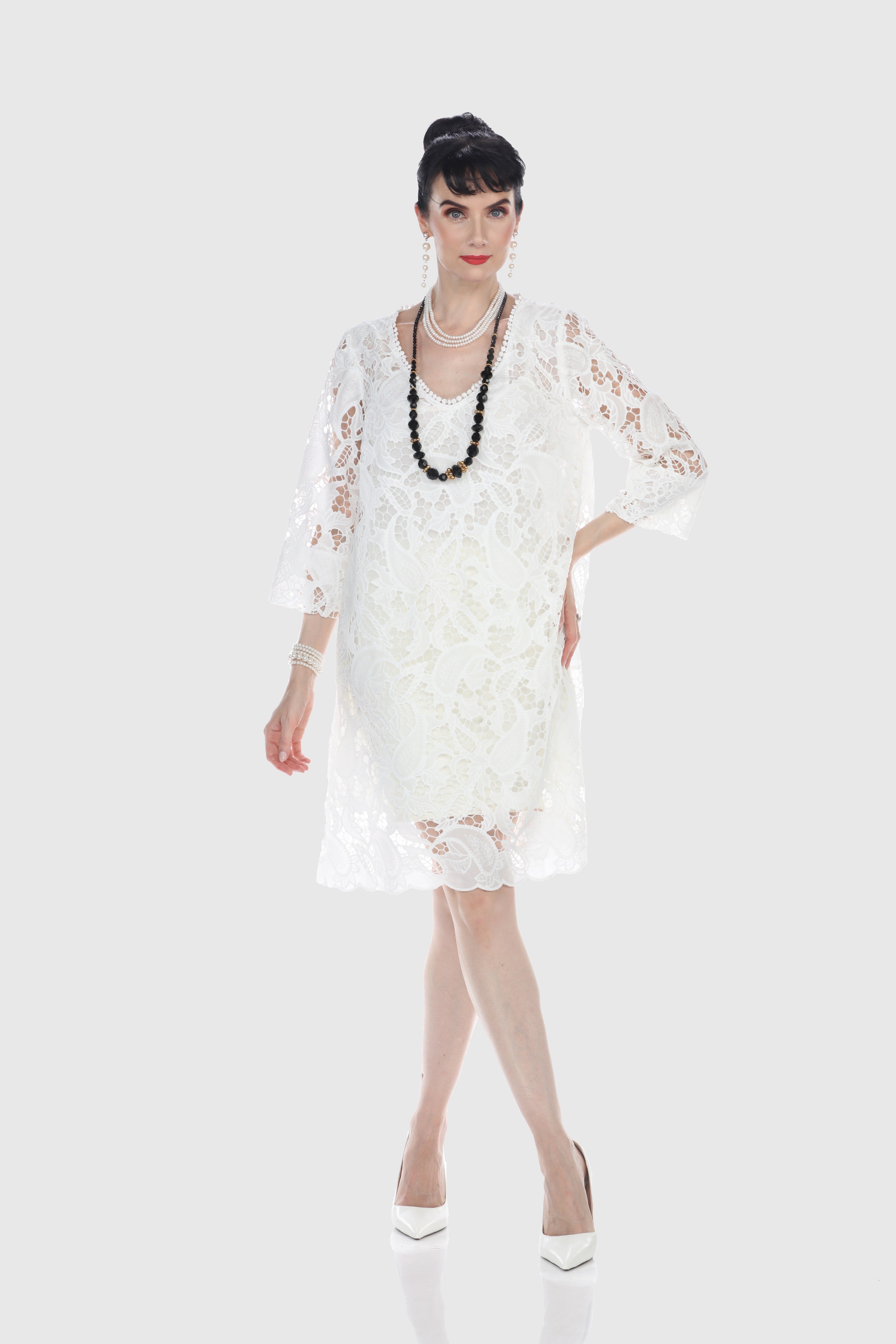 White Scalloped Lace Shift Dress