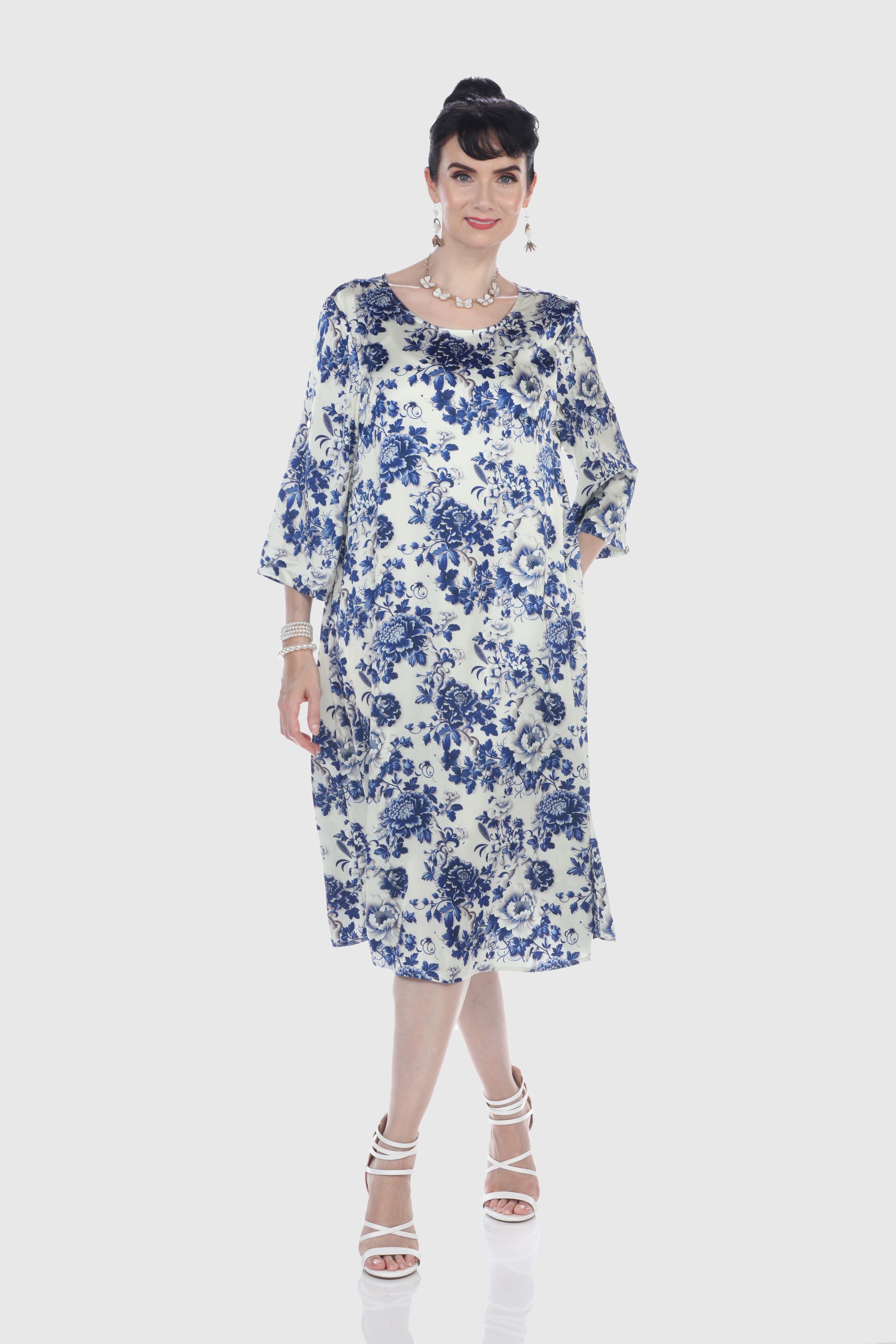 Porcelain Floral 3 Quarter Sleeve Dress