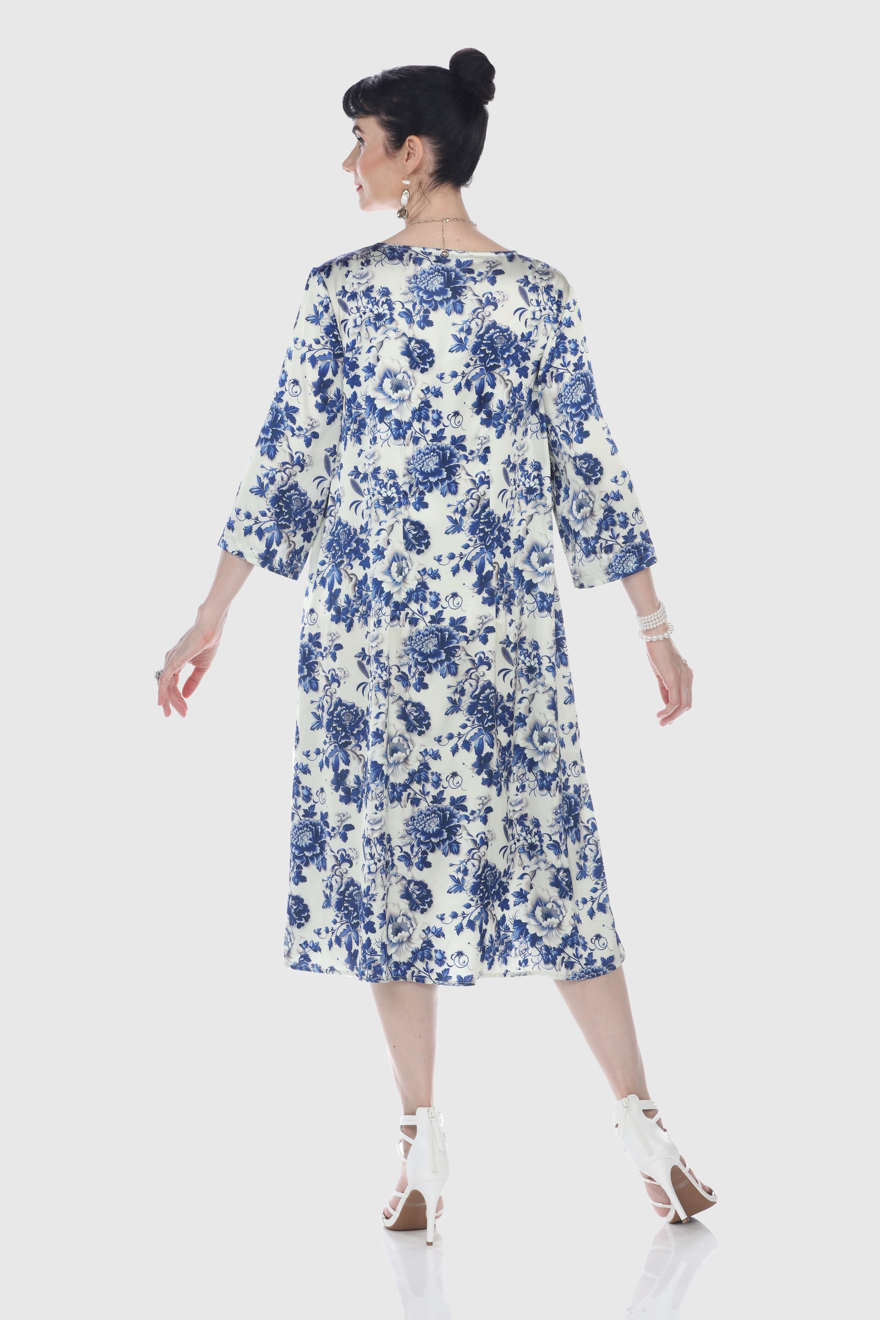 Porcelain Floral 3 Quarter Sleeve Dress
