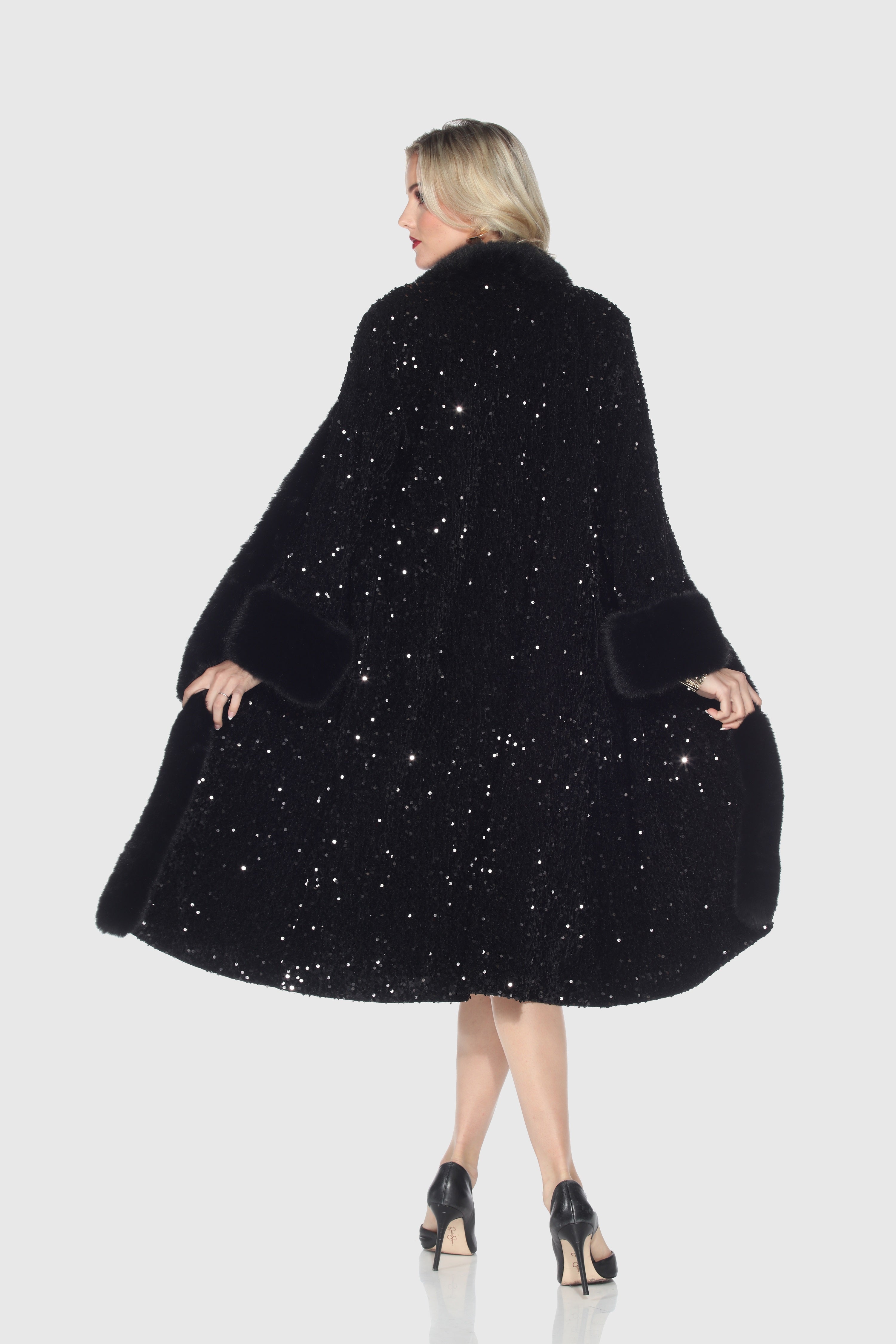Black Sequin Long Coat with Faux Fur