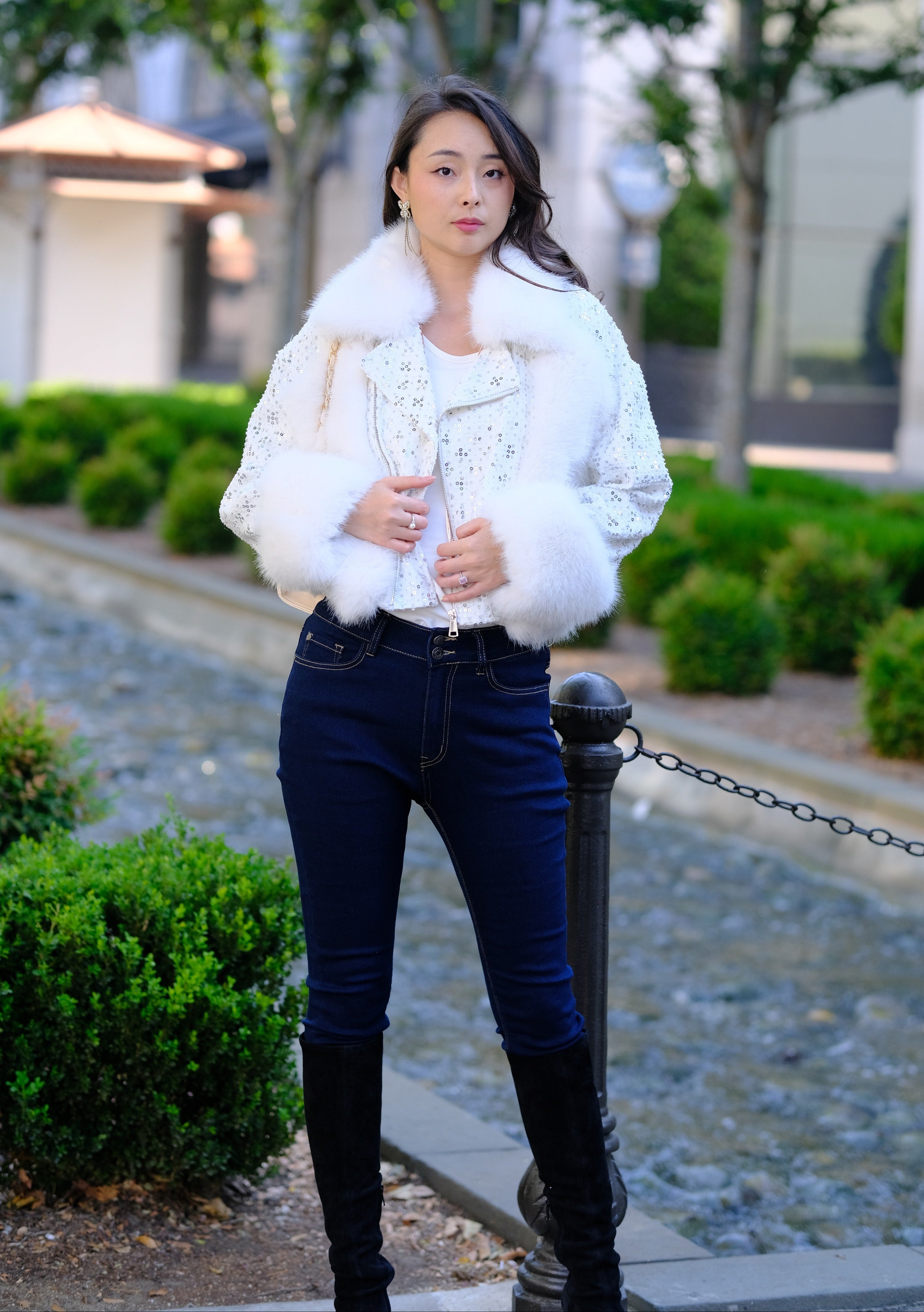Sequin Faux Fur Moto Jacket